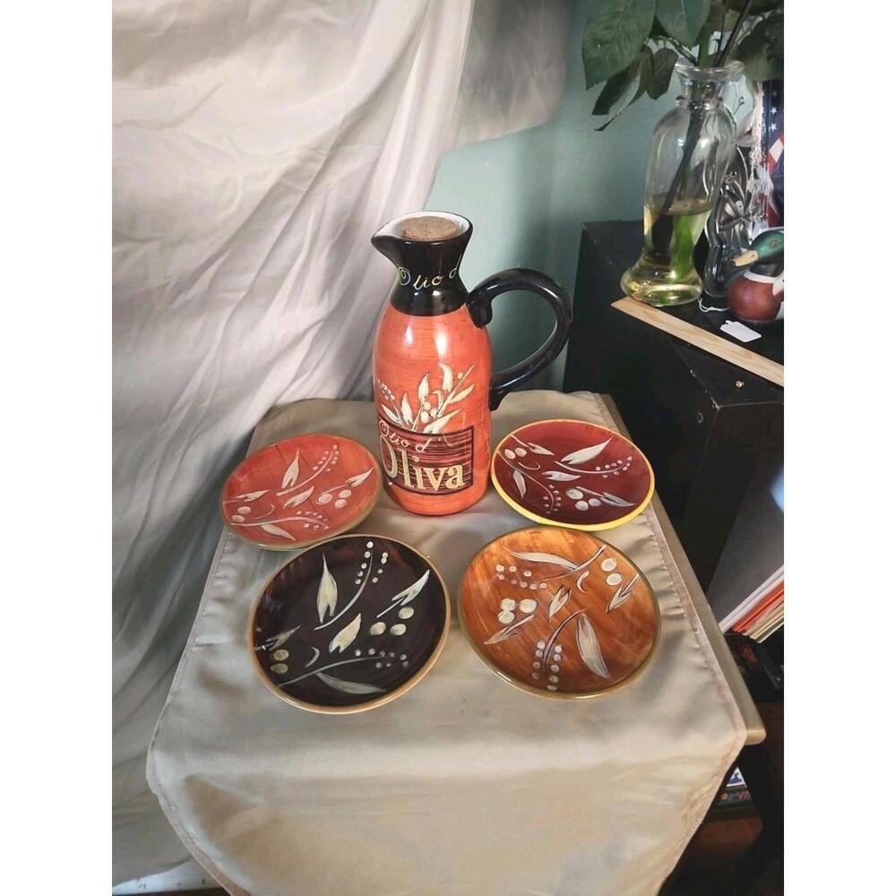 Certified International Olive Oil Cruet N 4 Plates Set Crazing Angela Staehling
